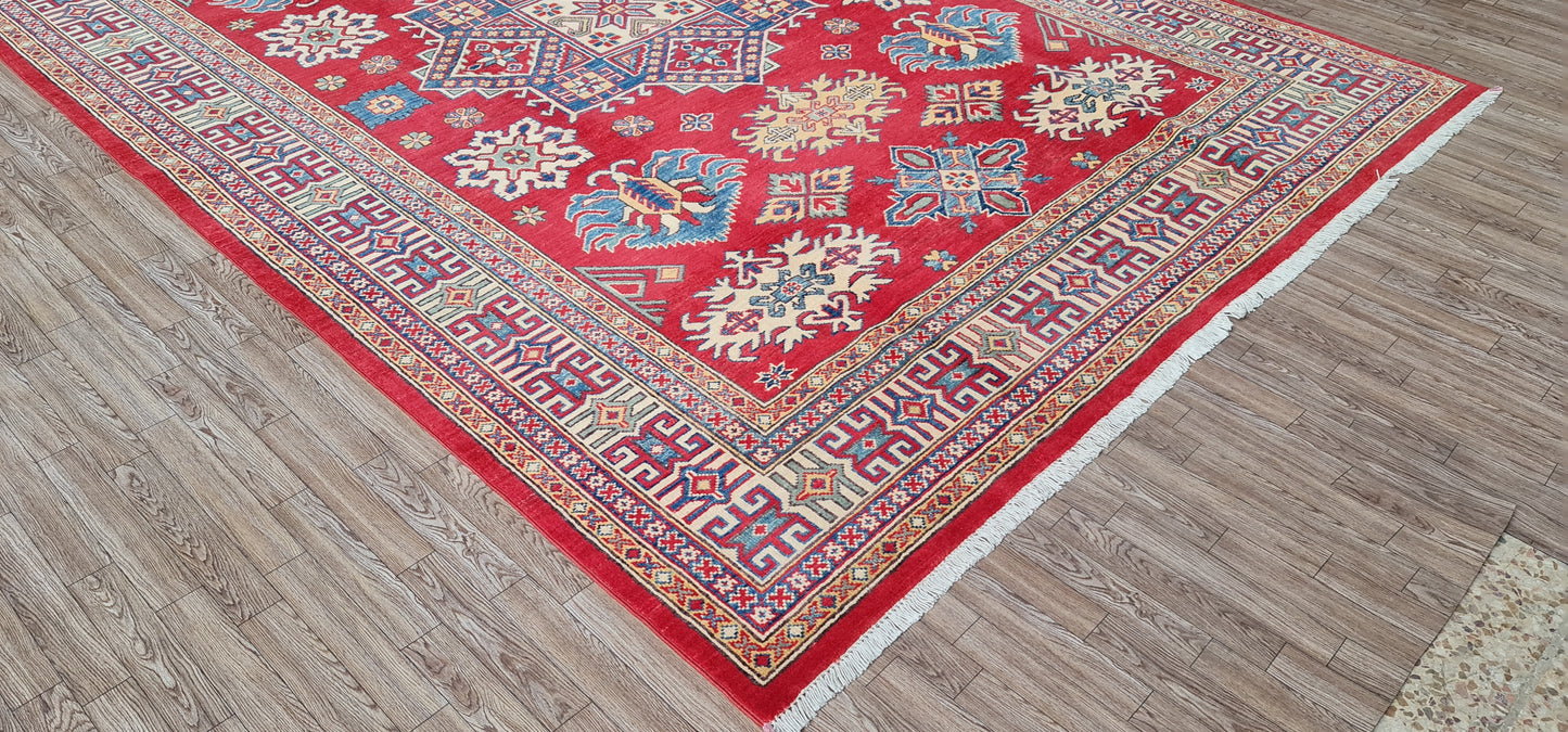 Pure Wool, Naturally Dyed, Hand Knotted, Fine Afghan Traditional Kazak Area Rug – 9’ 5’’ x 6’ 5’’