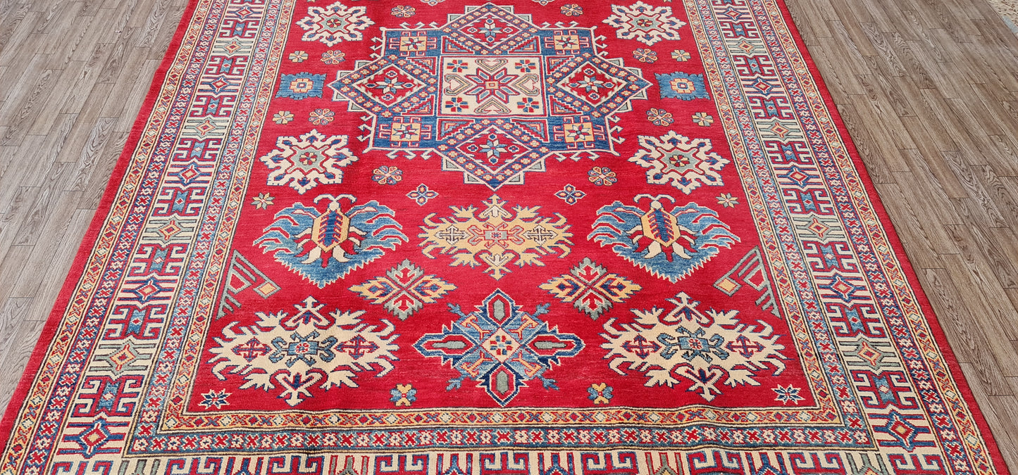 Pure Wool, Naturally Dyed, Hand Knotted, Fine Afghan Traditional Kazak Area Rug – 9’ 5’’ x 6’ 5’’