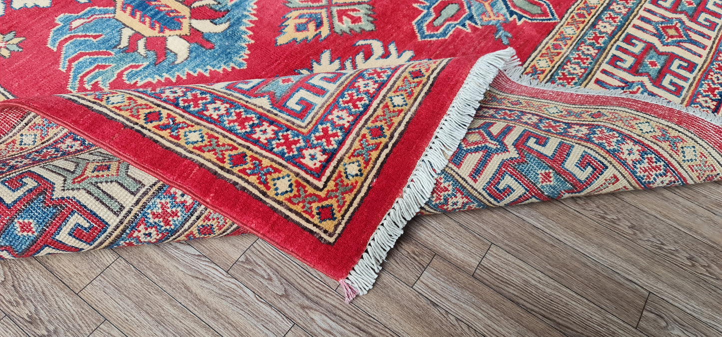 Pure Wool, Naturally Dyed, Hand Knotted, Fine Afghan Traditional Kazak Area Rug – 9’ 5’’ x 6’ 5’’