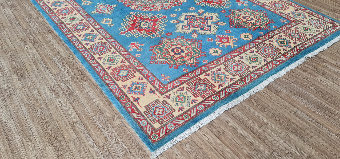 Pure Wool, Naturally Dyed, Hand Knotted, Fine Afghan Traditional Super Kazak Area Rug – 8’ 9’’ x 6’ 2’’