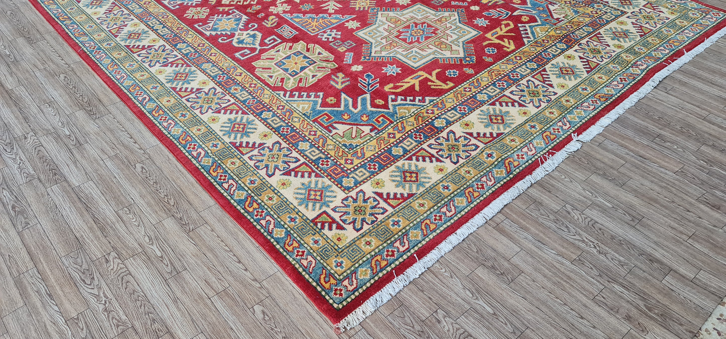 Pure Wool, Naturally Dyed, Hand Knotted, Fine Afghan Traditional Kazak Area Rug – 9’ 10’’ x 6’ 9’’