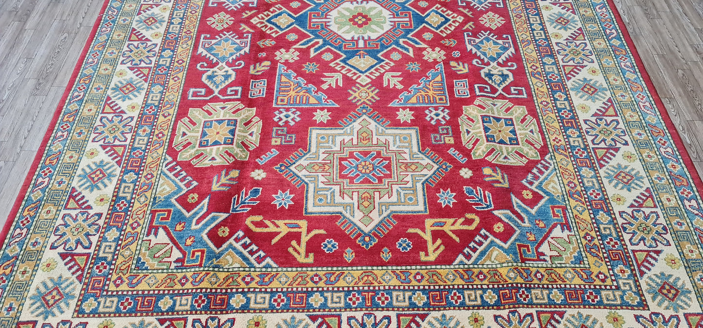 Pure Wool, Naturally Dyed, Hand Knotted, Fine Afghan Traditional Kazak Area Rug – 9’ 10’’ x 6’ 9’’