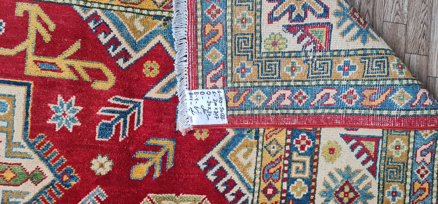 Pure Wool, Naturally Dyed, Hand Knotted, Fine Afghan Traditional Kazak Area Rug – 9’ 10’’ x 6’ 9’’