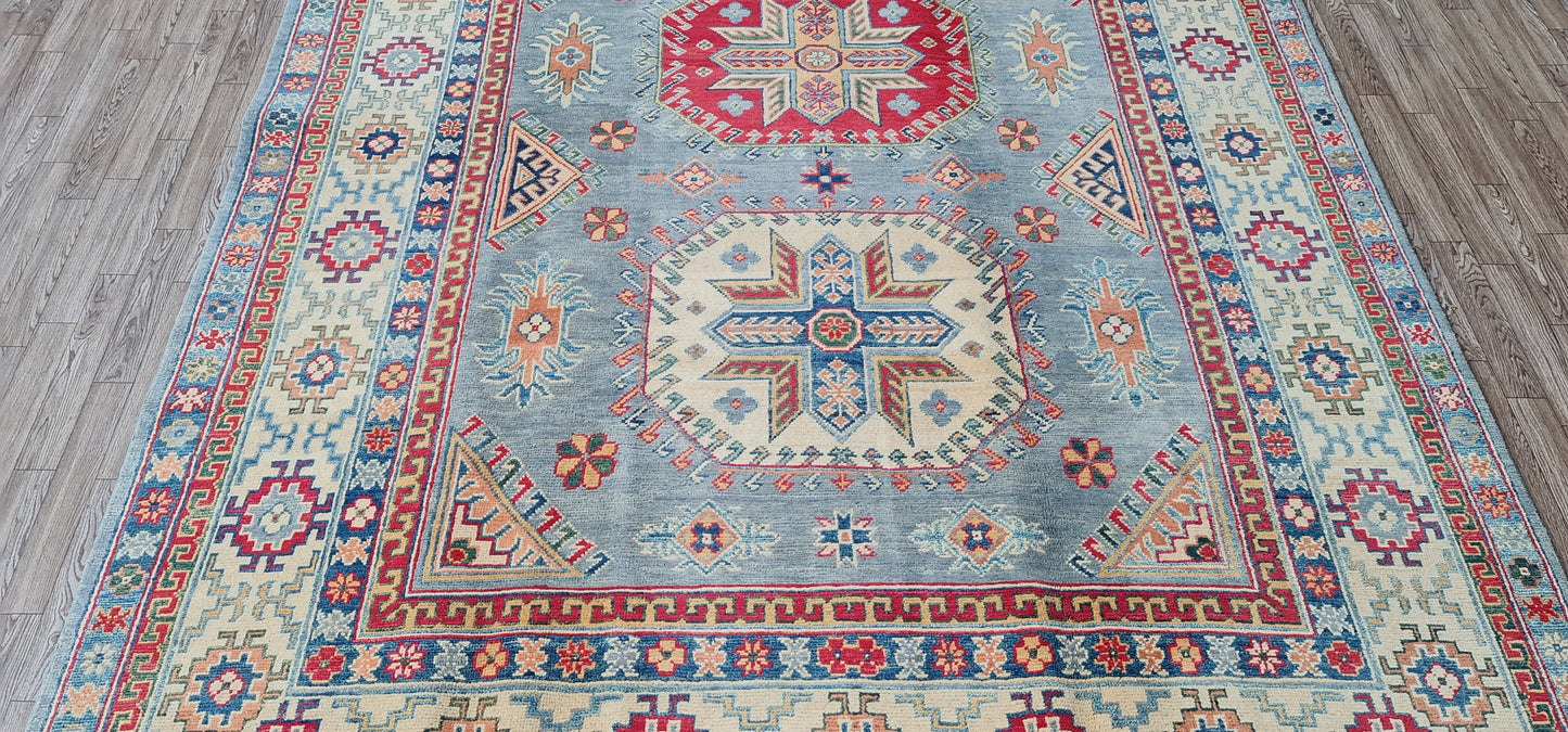 Pure Wool, Naturally Dyed, Hand Knotted, Fine Afghan Traditional Super Kazak Area Rug – 9’ 3’’ x 5’ 10’’