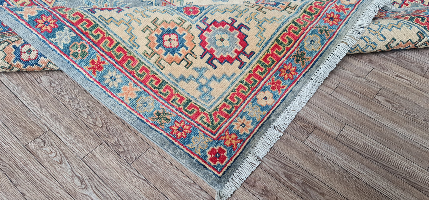 Pure Wool, Naturally Dyed, Hand Knotted, Fine Afghan Traditional Super Kazak Area Rug – 9’ 3’’ x 5’ 10’’