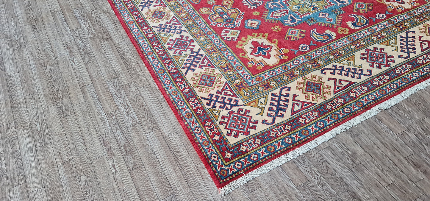 Pure Wool, Naturally Dyed, Hand Knotted, Fine Afghan Traditional Kazak Area Rug – 9’ 2’’ x 6’ 6’’