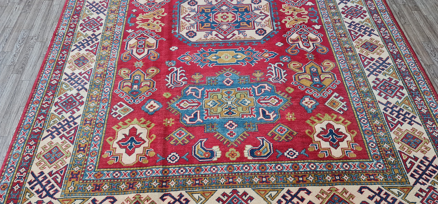 Pure Wool, Naturally Dyed, Hand Knotted, Fine Afghan Traditional Kazak Area Rug – 9’ 2’’ x 6’ 6’’