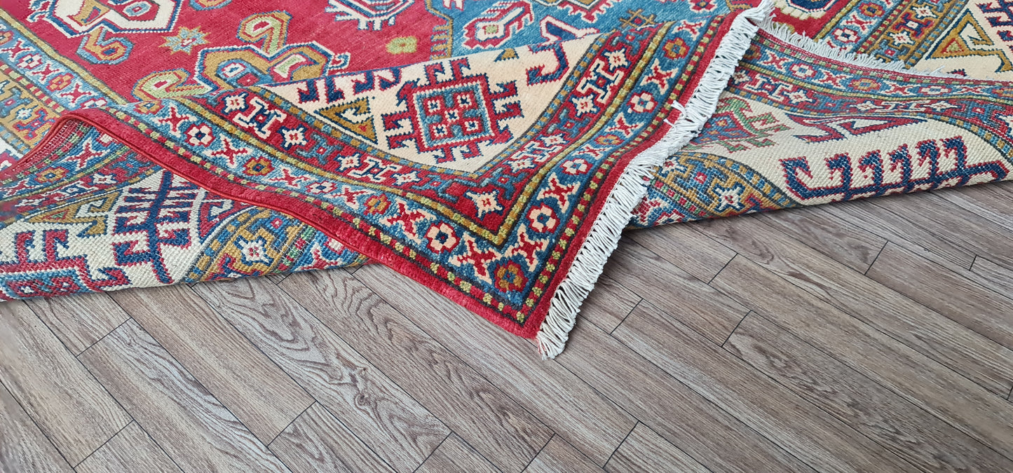 Pure Wool, Naturally Dyed, Hand Knotted, Fine Afghan Traditional Kazak Area Rug – 9’ 2’’ x 6’ 6’’