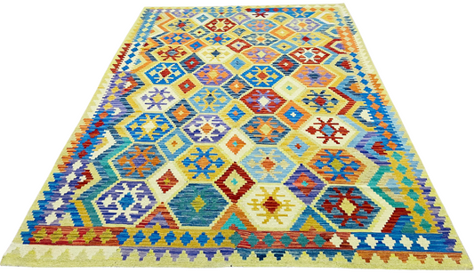 Colorful, Handwoven, Fine Afghan Maimana Kilim - Reversible Area Rug - 9’ 7’’ x 6’ 7’’