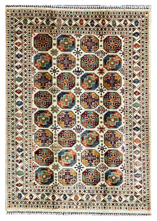 One of a Kind, Pure Wool, Naturally Dyed, Hand Knotted, Fine Afghan Traditional Feel Pai Area Rug – 8’ 2’’ x 5’ 10’’