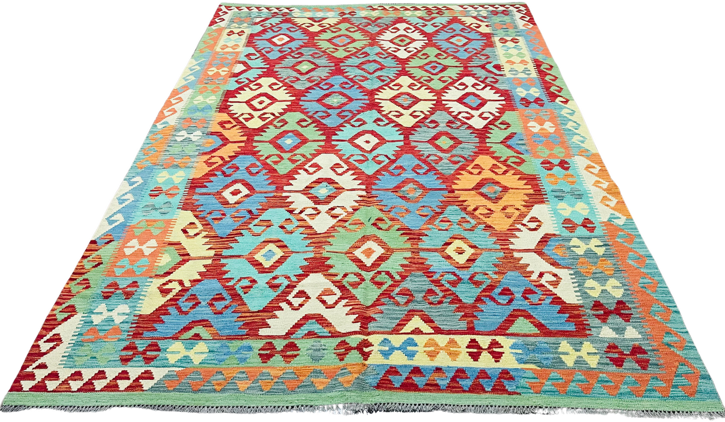 Colorful, Handwoven, Fine Afghan Maimana Kilim - Reversible Area Rug - 9’ 9’’ x 6’ 6’’