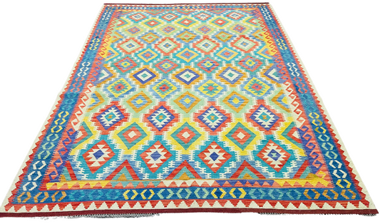 Colorful, Handwoven, Fine Afghan Maimana Kilim - Reversible Area Rug - 9’ 7’’ x 6’ 10’’