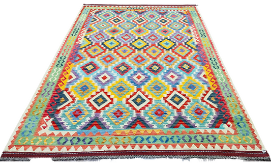 Colorful, Handwoven, Fine Afghan Maimana Kilim - Reversible Area Rug - 9’ 9’’ x 6’ 9’’