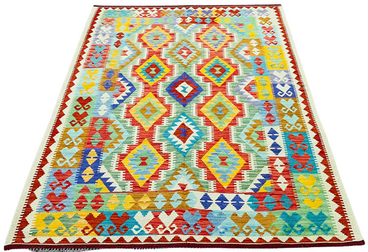 Colorful, Handwoven, Fine Afghan Maimana Kilim - Reversible Area Rug - 7’ 3’’ x 5’ 2’’