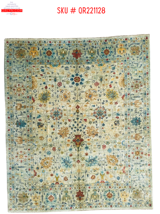 One of a kind, Pure Wool, Naturally Dyed, Hand Knotted, Fine Afghan Traditional Tabriz Area Rug – 9’ 7’’ x 8’ 2’’