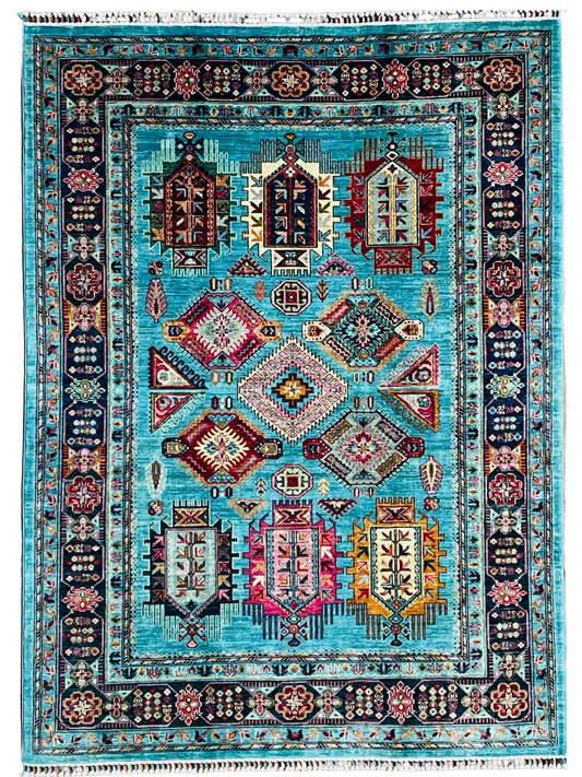 One of a Kind, Pure Wool, Naturally Dyed, Hand Knotted, Fine Afghan Traditional Waziri Area Rug – 7’ 6’’ x 5’ 6’’