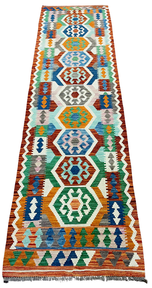 Colorful, Handwoven, Fine Afghan Maimana Kilim - Reversible Runner Rug - 9’ 7’’ x 2’ 9’’