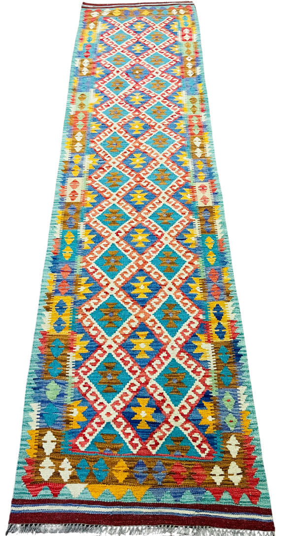 Colorful, Handwoven, Fine Afghan Maimana Kilim - Reversible Runner Rug - 9’ 10’’ x 2’ 5’’