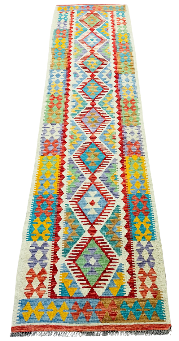 Colorful, Handwoven, Fine Afghan Maimana Kilim - Reversible Runner Rug - 9’ 8’’ x 2’ 6’’