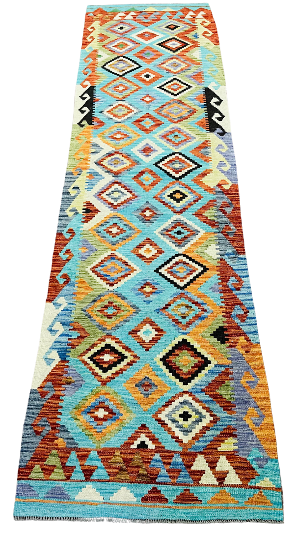 Colorful, Handwoven, Fine Afghan Maimana Kilim - Reversible Runner Rug - 9’ 10’’ x 2’ 8’’