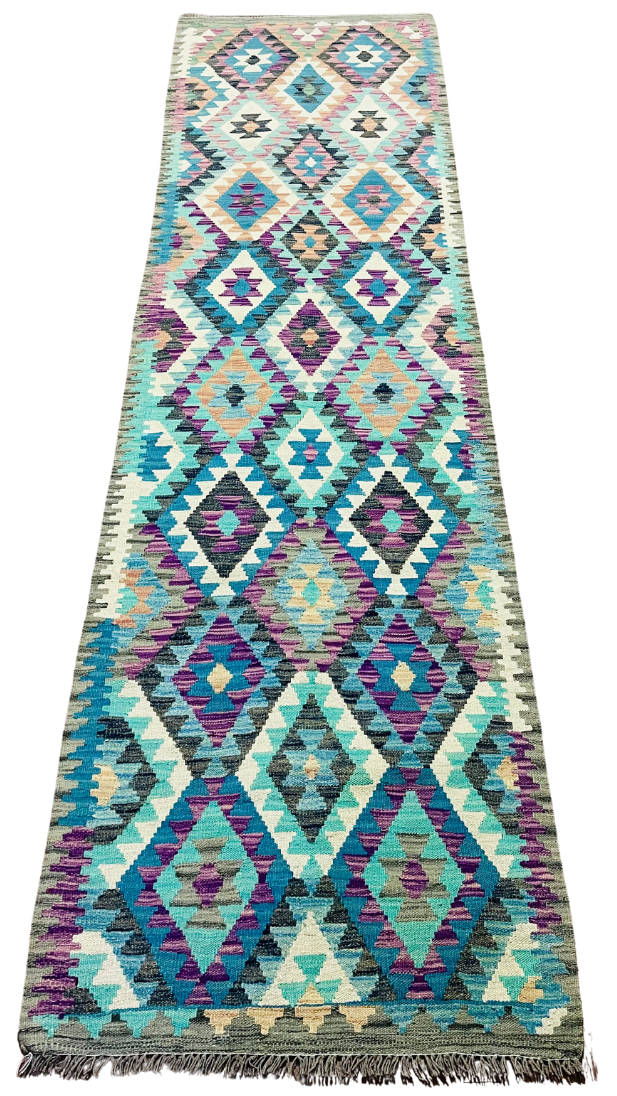 Colorful, Handwoven, Fine Afghan Maimana Kilim - Reversible Runner Rug - 9’ 9’’ x 2’ 7’’