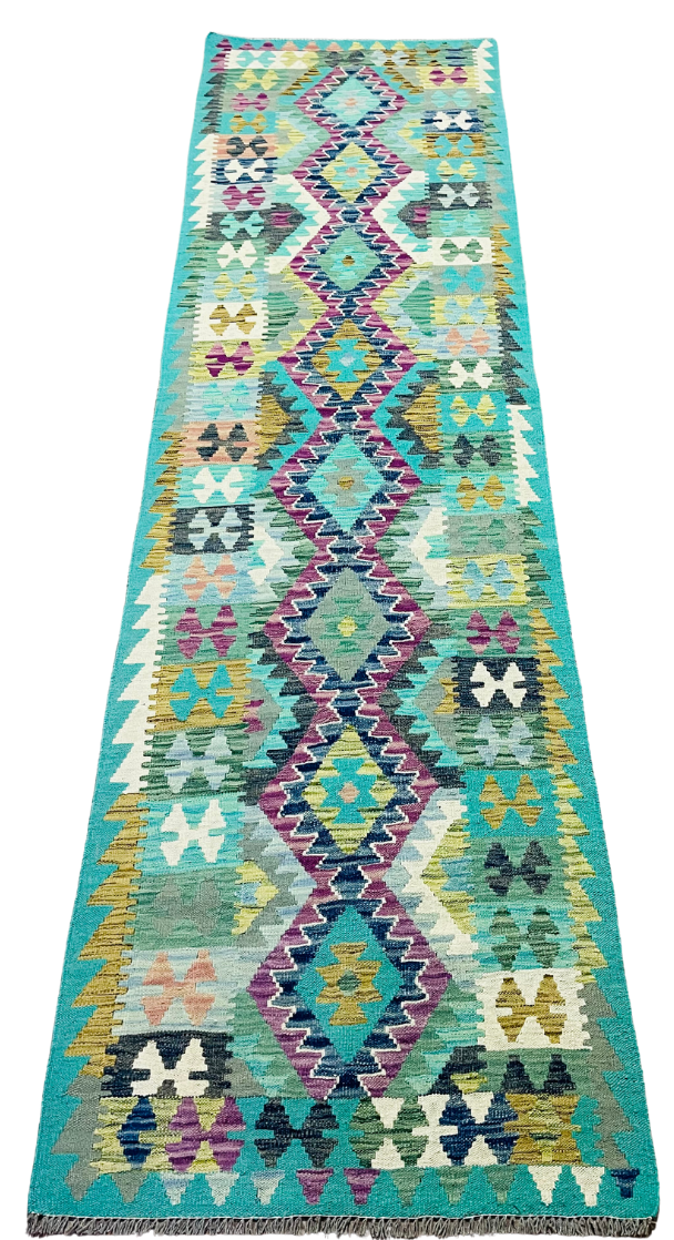 Colorful, Handwoven, Fine Afghan Maimana Kilim - Reversible Runner Rug - 9’ 9’’ x 2’ 8’’