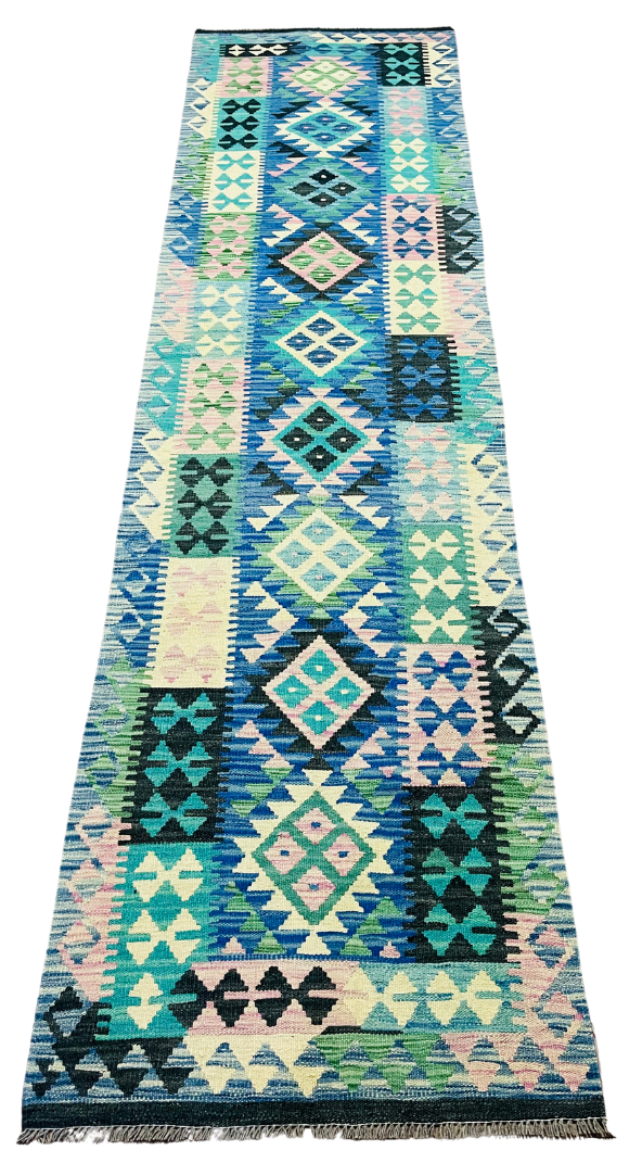 Colorful, Handwoven, Fine Afghan Maimana Kilim - Reversible Runner Rug - 10’ 0’’ x 2’ 8’’