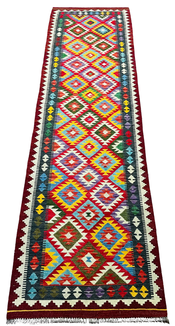 Colorful, Handwoven, Fine Afghan Maimana Kilim - Reversible Runner Rug - 9’ 9’’ x 2’ 9’’