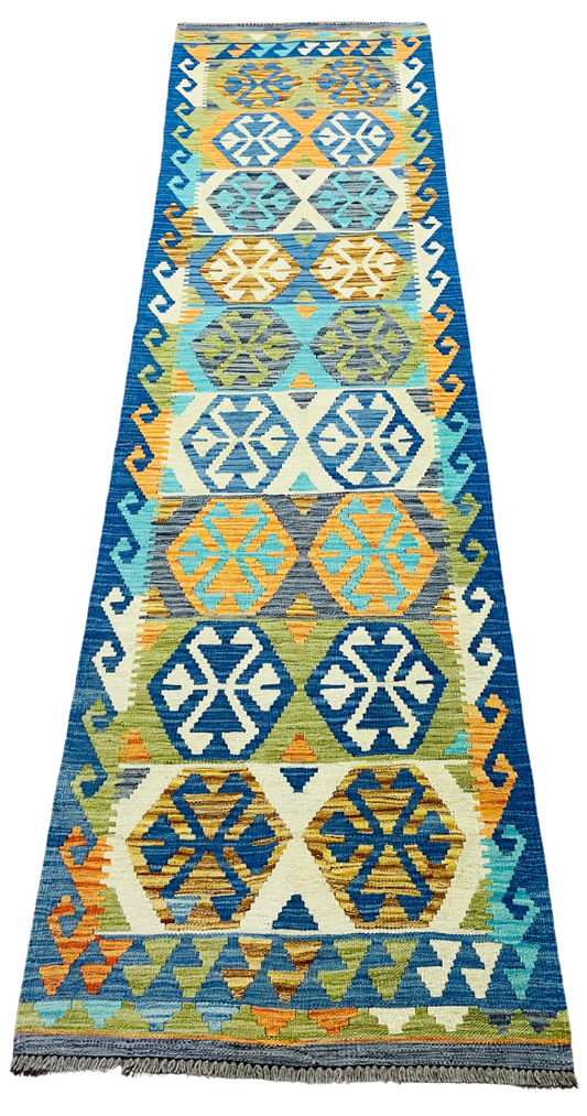 Colorful, Handwoven, Fine Afghan Maimana Kilim - Reversible Runner Rug - 9’ 9’’ x 2’ 7’’