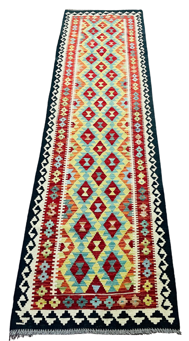 Colorful, Handwoven, Fine Afghan Maimana Kilim - Reversible Runner Rug - 9’ 9’’ x 2’ 9’’