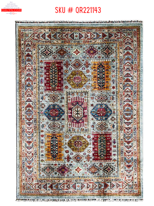 One of a kind, Pure Wool, Naturally Dyed, Hand Knotted, Fine Afghan Traditional Waziri Area Rug – 7’ 11’’ x 5’ 9’’