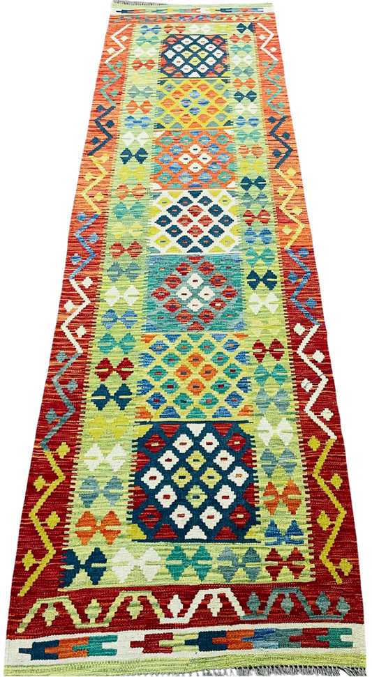 Colorful, Handwoven, Fine Afghan Maimana Kilim - Reversible Runner Rug - 9’ 11’’ x 2’ 9’’