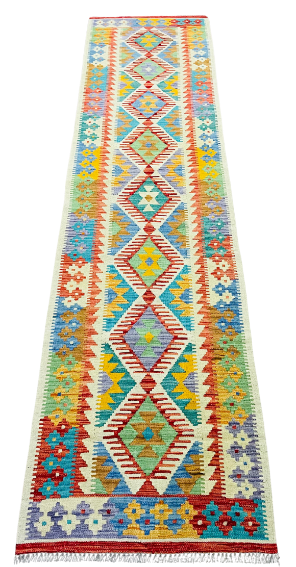 Colorful, Handwoven, Fine Afghan Maimana Kilim - Reversible Runner Rug - 9’ 8’’ x 2’ 5’’