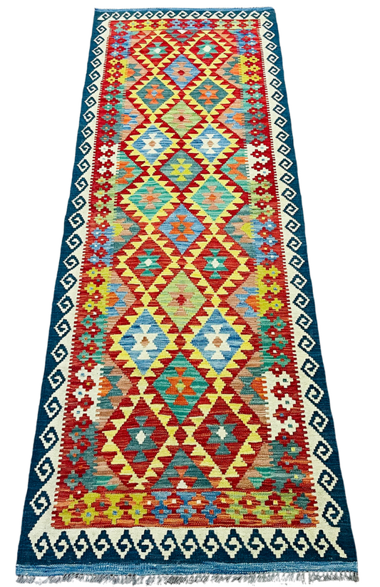 Colorful, Handwoven, Fine Afghan Maimana Kilim - Reversible Runner Rug - 8’ 0’’ x 2’ 10’’