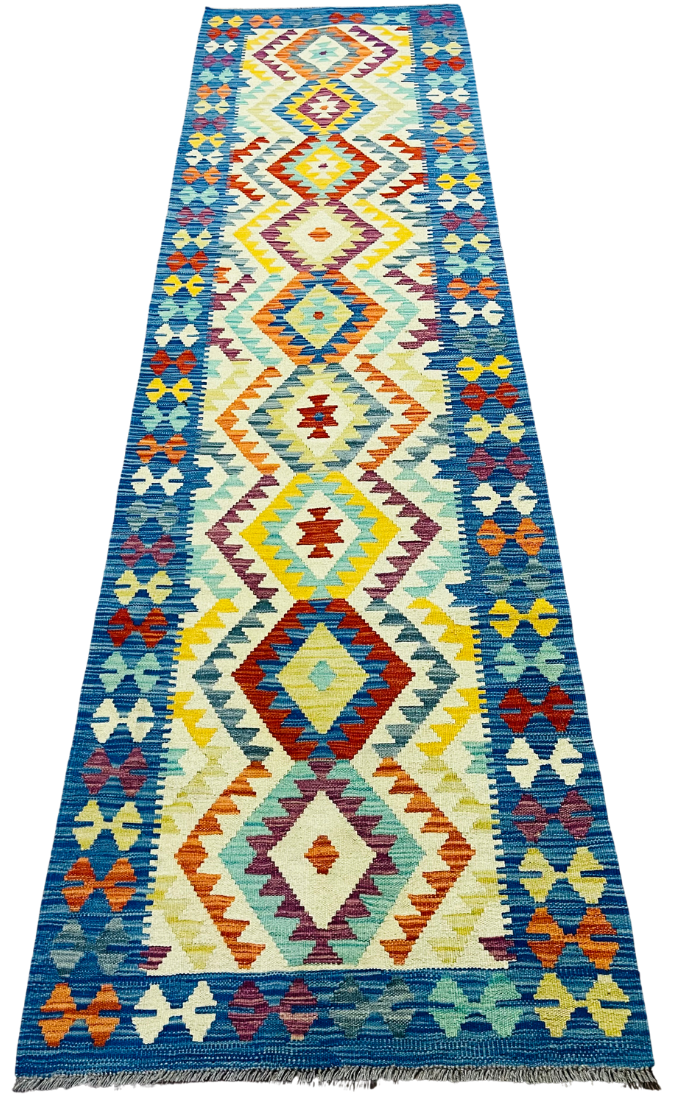 Colorful, Handwoven, Fine Afghan Maimana Kilim - Reversible Runner Rug - 9’ 8’’ x 2’ 9’’