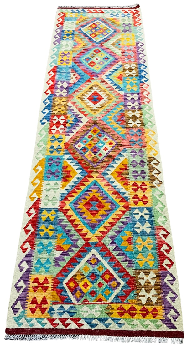 Colorful, Handwoven, Fine Afghan Maimana Kilim - Reversible Runner Rug - 9’ 7’’ x 2’ 9’’