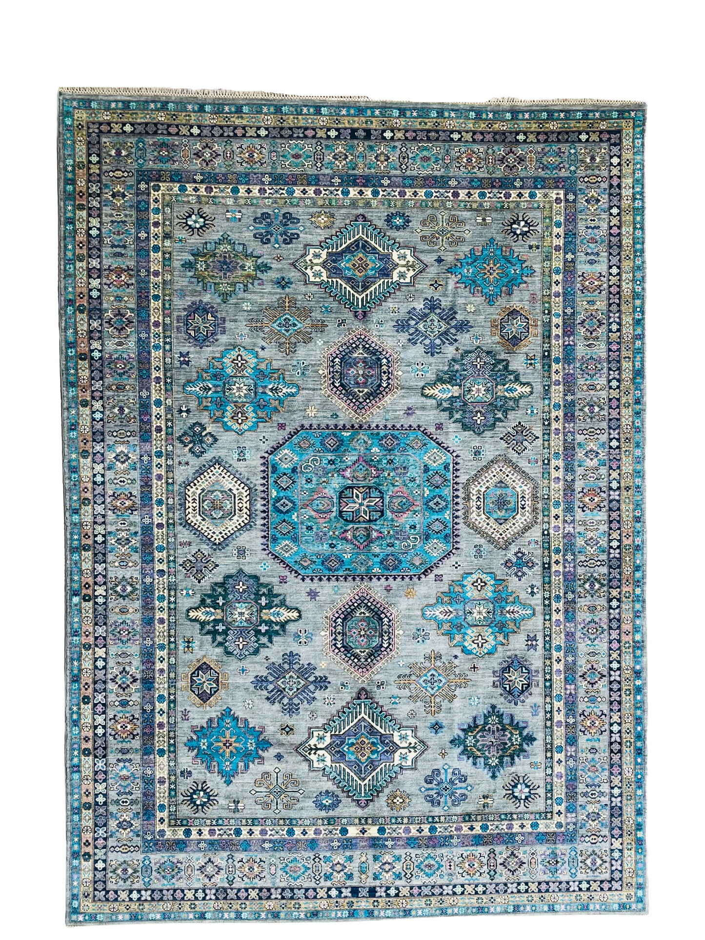 One of a Kind, Pure Wool, Naturally Dyed, Hand Knotted, Fine Afghan Traditional Super Kazak Area Rug – 12’ 7’’ x 8’ 11’’