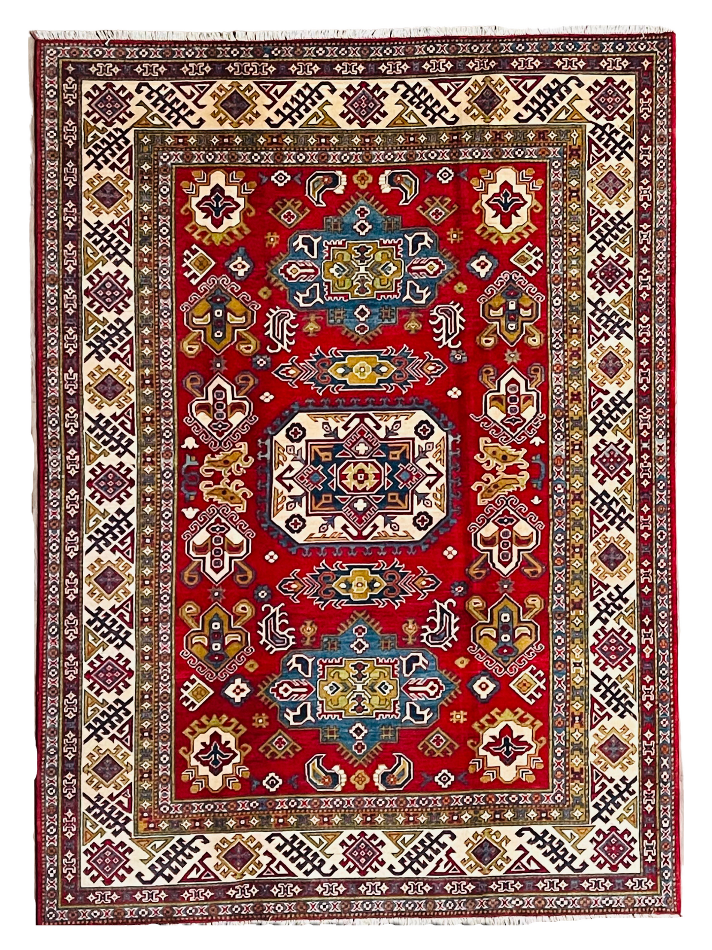 Pure Wool, Naturally Dyed, Hand Knotted, Fine Afghan Traditional Kazak Area Rug – 9’ 2’’ x 6’ 6’’