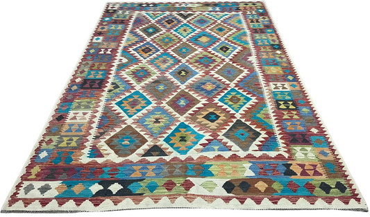 Colorful, Handwoven, Fine Afghan Maimana Kilim - Reversible Area Rug - 9’ 10’’ x 6’ 8’’