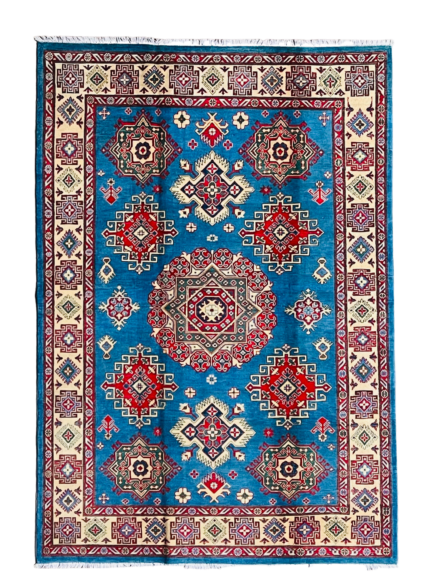 Pure Wool, Naturally Dyed, Hand Knotted, Fine Afghan Traditional Super Kazak Area Rug – 8’ 9’’ x 6’ 2’’