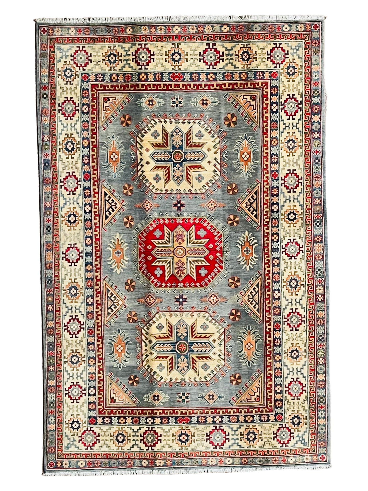 Pure Wool, Naturally Dyed, Hand Knotted, Fine Afghan Traditional Super Kazak Area Rug – 9’ 3’’ x 5’ 10’’