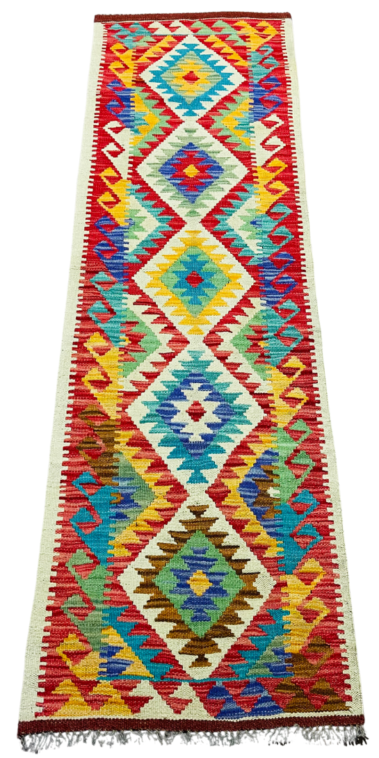 Colorful, Handwoven, Fine Afghan Maimana Kilim - Reversible Runner Rug - 6’ 7’’ x 1’ 12’’