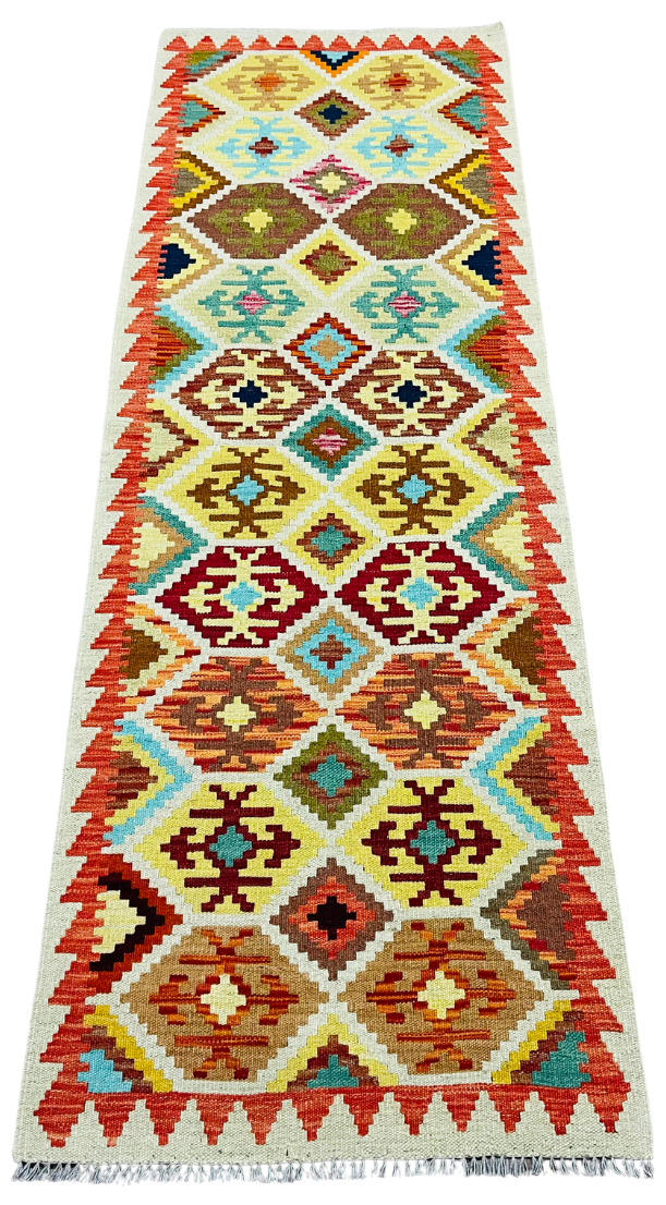 Colorful, Handwoven, Fine Afghan Maimana Kilim - Reversible Runner Rug - 6’ 11’’ x 2’ 5’’