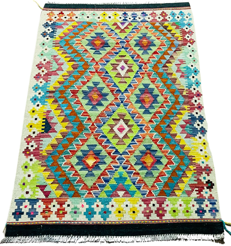 Colorful, Handwoven, Fine Afghan Maimana Kilim - Reversible Area Rug - 4’ 1’’ x 2’ 8’’