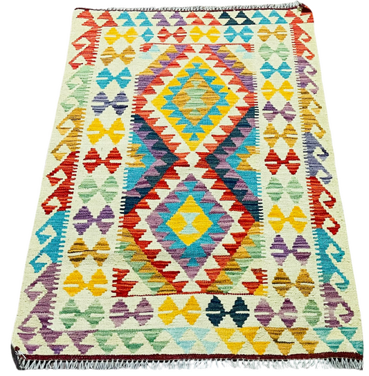 Colorful, Handwoven, Fine Afghan Maimana Kilim - Reversible Area Rug - 4’ 3’’ x 2’ 10’’