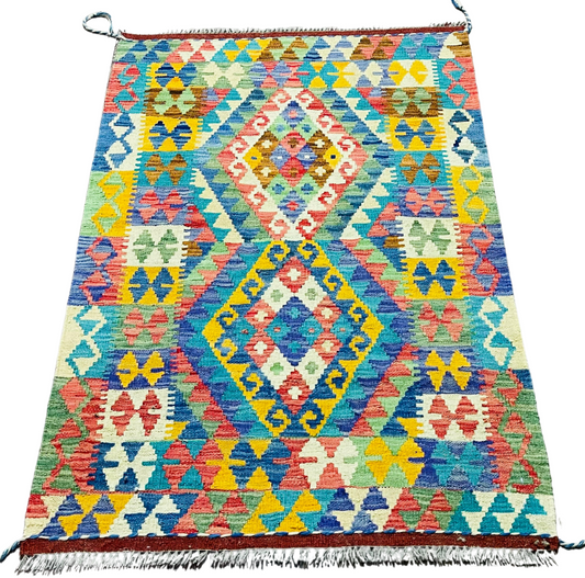 Colorful, Handwoven, Fine Afghan Maimana Kilim - Reversible Area Rug - 4’ 1’’ x 2’ 8’’