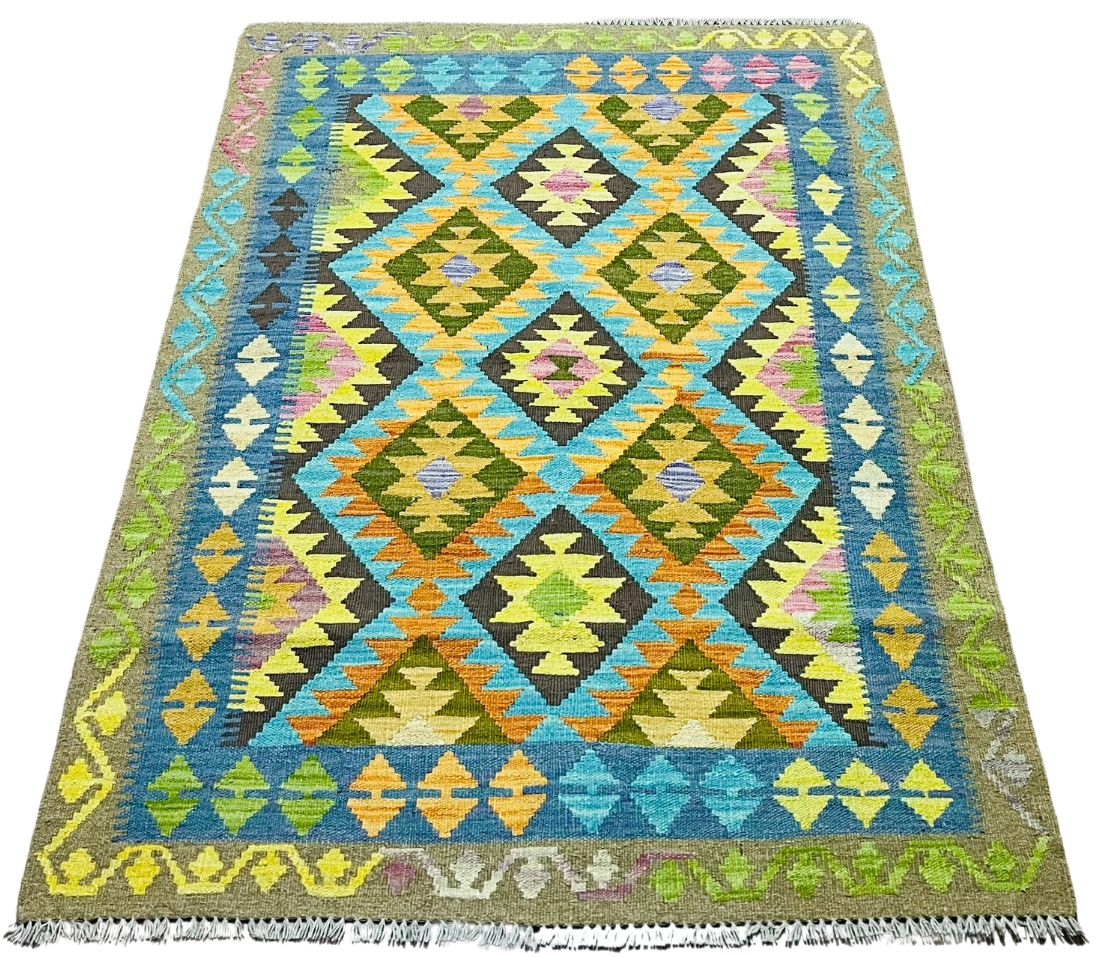 Colorful, Handwoven, Fine Afghan Maimana Kilim - Reversible Area Rug - 4’ 12’’ x 3’ 5’’