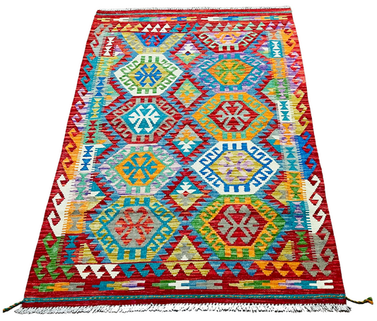 Colorful, Handwoven, Fine Afghan Maimana Kilim - Reversible Area Rug - 5’ 0’’ x 3’ 3’’