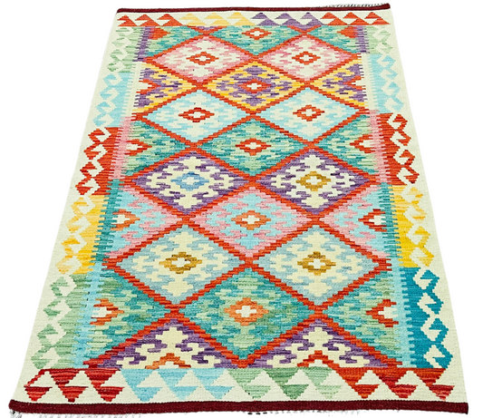 Colorful, Handwoven, Fine Afghan Maimana Kilim - Reversible Area Rug - 5’ 0’’ x 3’ 4’’