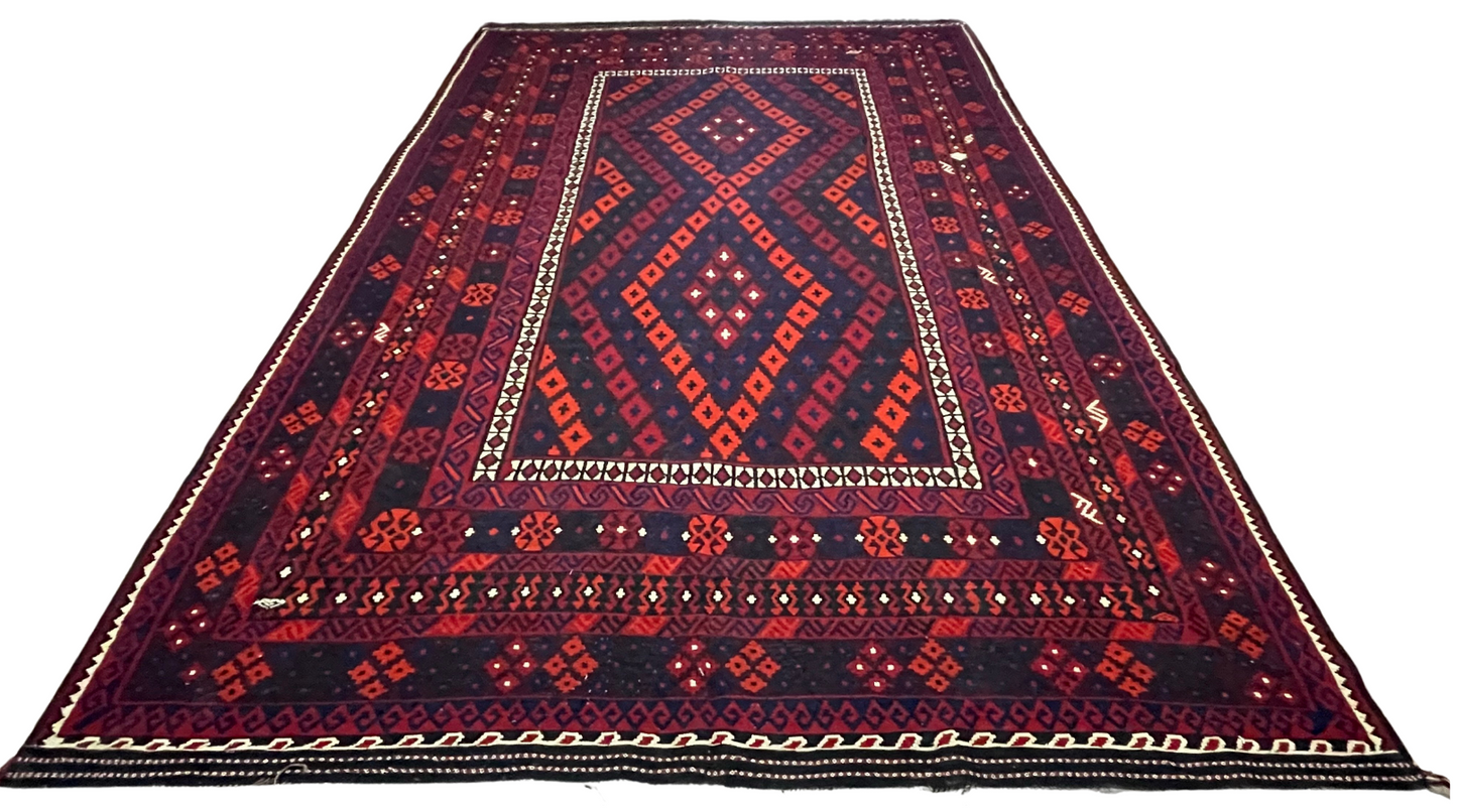 Colorful, Handwoven, Fine Afghan Ghalmori Kilim - Reversible Area Rug - 13’ 7’’ x 8’ 6’’